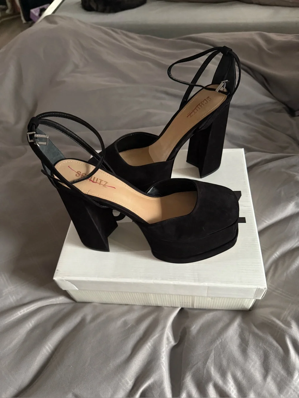 Schutz Luan Black Nubuck Platform Heels Block Pump Size [Insert Size]
